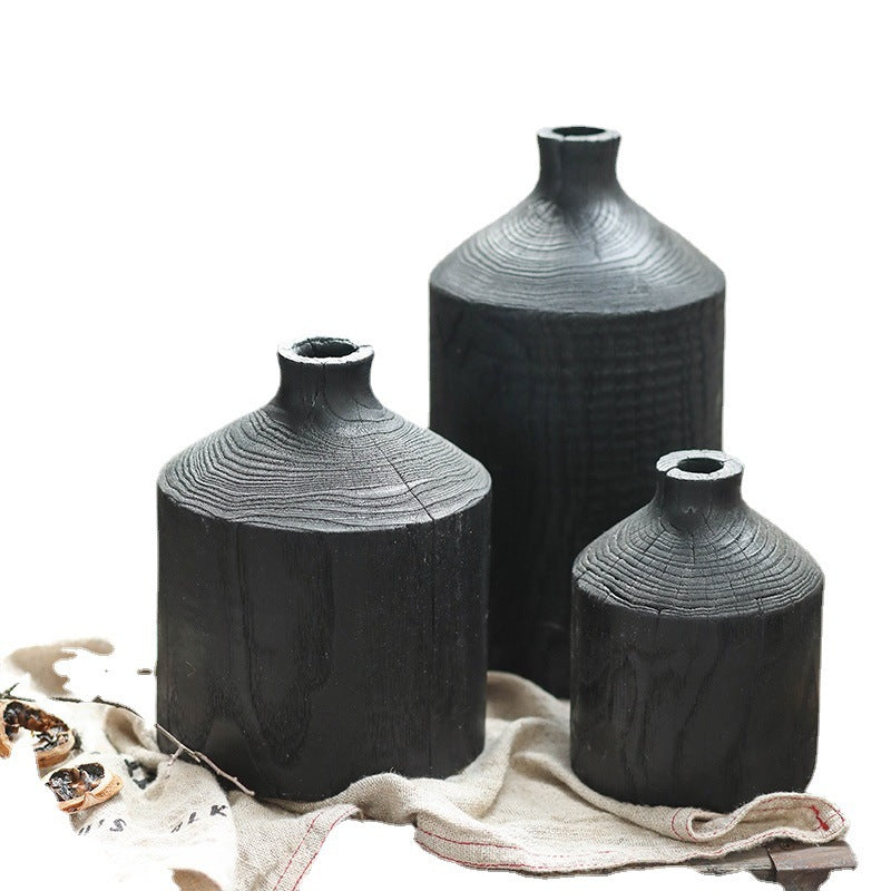 家居生活雜貨舖 侘寂風黑色原木花器 S+L