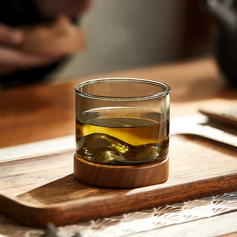 創意小物館 巒山木托玻璃茶酒杯 小